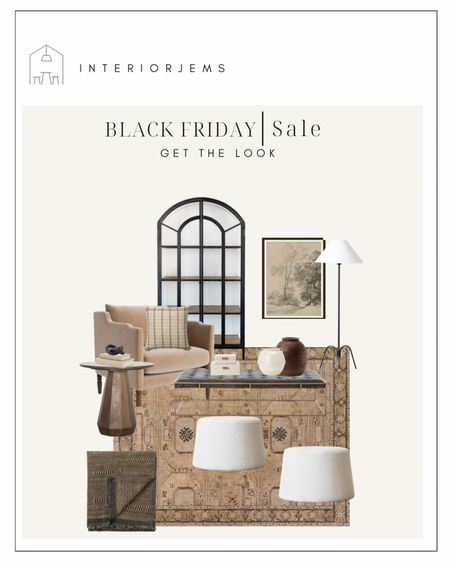 All on sale for Black Friday, mcgee and co living room furniture, mood board, design board, accent chair, side table, cabinet, display case, leather cofffeetable, artwork, pouf, ottoman, area rug, throw pillows, throw blanket, vases 

#LTKsalealert #LTKhome #LTKCyberweek