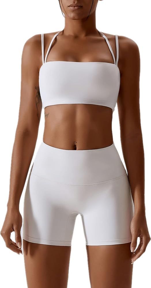 Amazon.com: ABOCIW Workout Sets for Women Halter Bandeau Sport Bra Crop Tops High Waist Booty Sho... | Amazon (US)