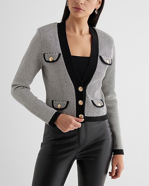 Tipped Striped Novelty Button Sweater Jacket | Express
