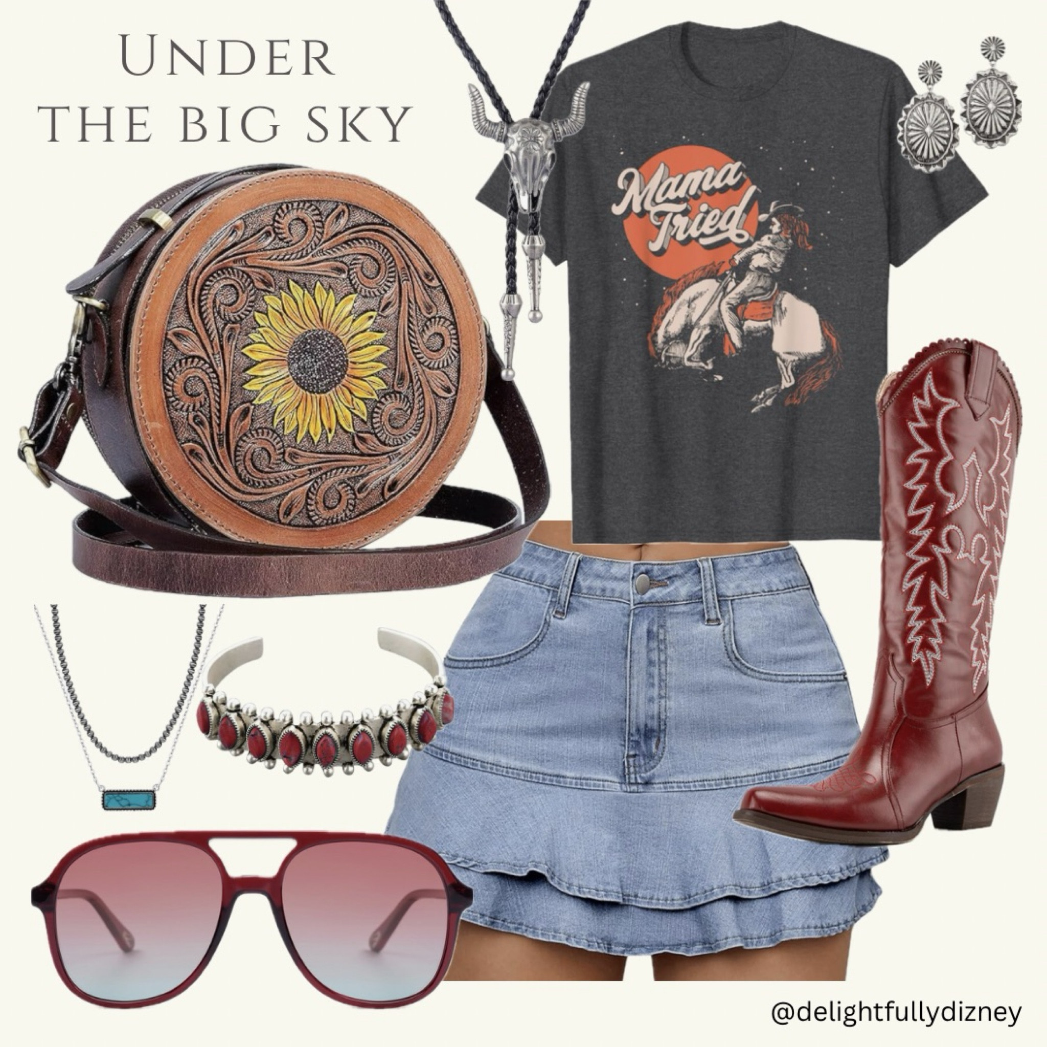 Under the Big Sky country concert summer festival outfit Inspo day two! I am also wearing this outfit to the county fair this year. Jean skirt, leather purse, band tshirts, vintage inspired, cowgirl boots, western 

#LTKShoeCrush #LTKStyleTip #LTKMidsize