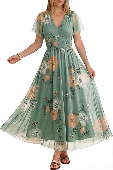 ANRABESS Women Summer Floral Maxi Dress Short Sleeve Boho Flowy Tulle Beach Vacation Wedding Gues... | Amazon (US)