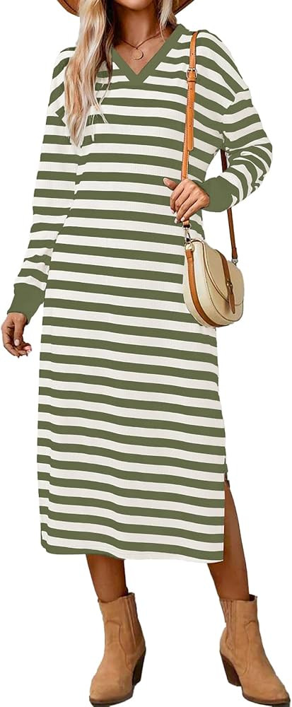 MITILLY Women's 2024 Fall Long Sleeve Striped Dress Casual Knit V Neck Side Slit Loose Fit Midi D... | Amazon (US)