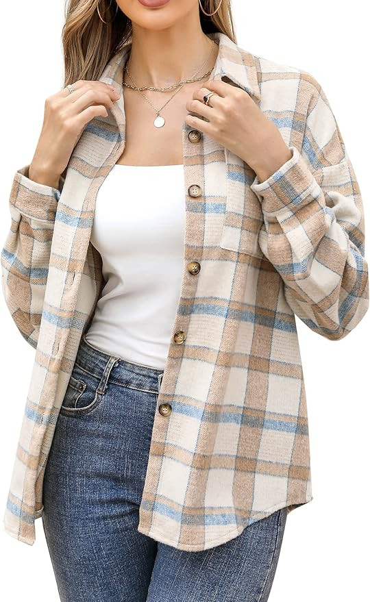 KOJOOIN Women Causal Plaid Shackets Flannel Jacket Casual Long Sleeve Button Down Oversized Shirt... | Amazon (US)