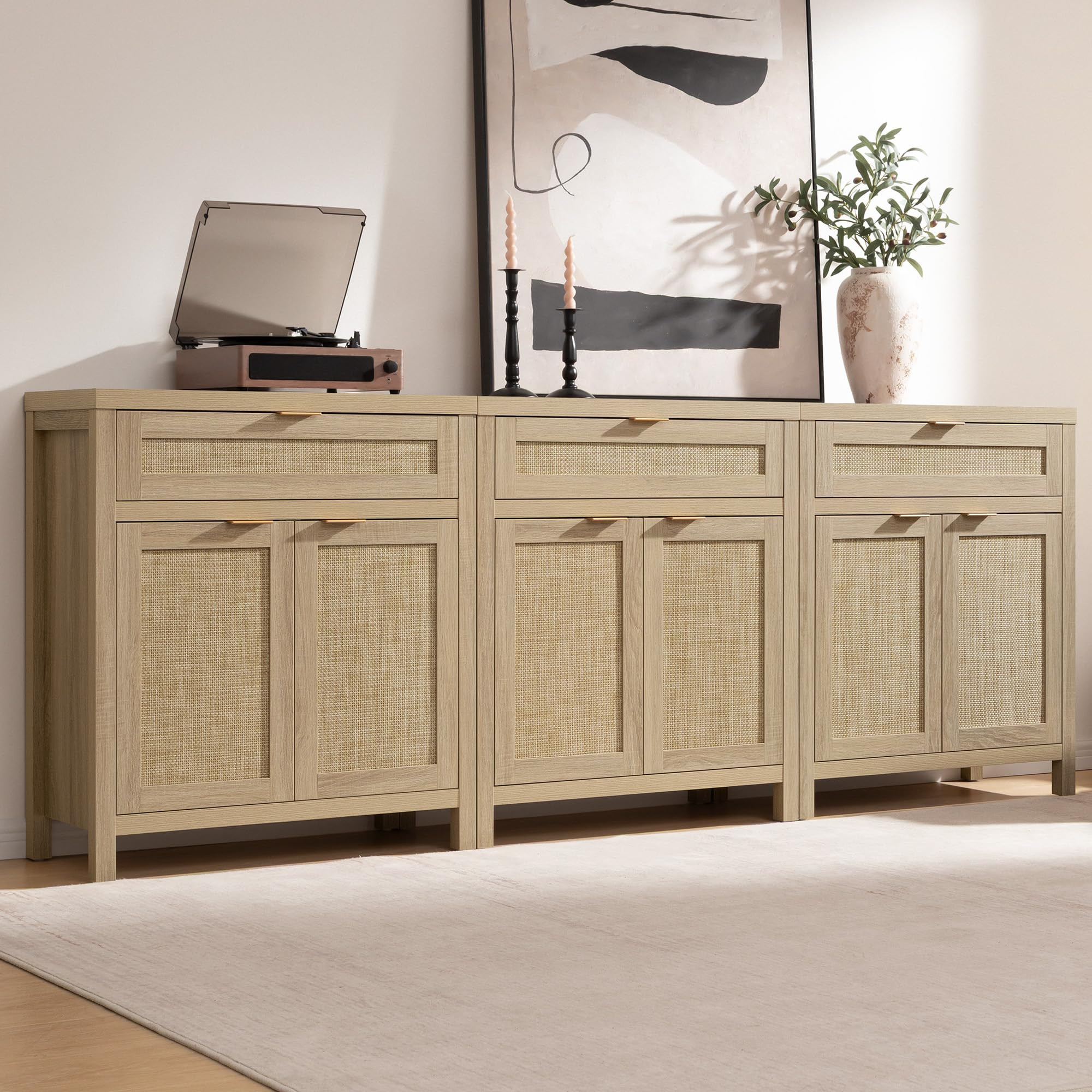 SICOTAS Sideboard Buffet Storage Cabinet Set of 3, Rattan Credenza Buffet Table, Boho Console Acc... | Amazon (US)