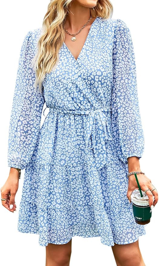 PRETTYGARDEN Dresses for Women 2023 Wrap V Neck Long Sleeves Fashion Leopard Aline Belted Mini Dr... | Amazon (US)