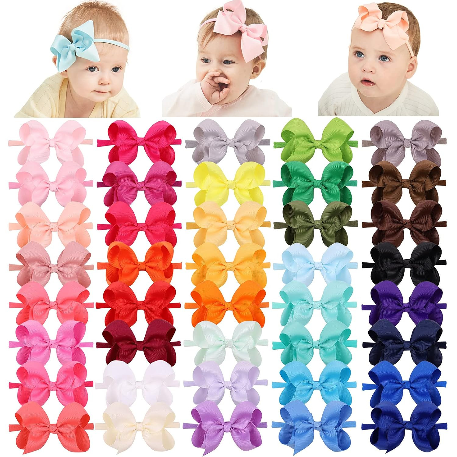 Amazon.com: 40pcs 4inches Baby Girls Grosgrain Ribbon Hair Bows Headbands Nylon Elastic Hair Band... | Amazon (US)