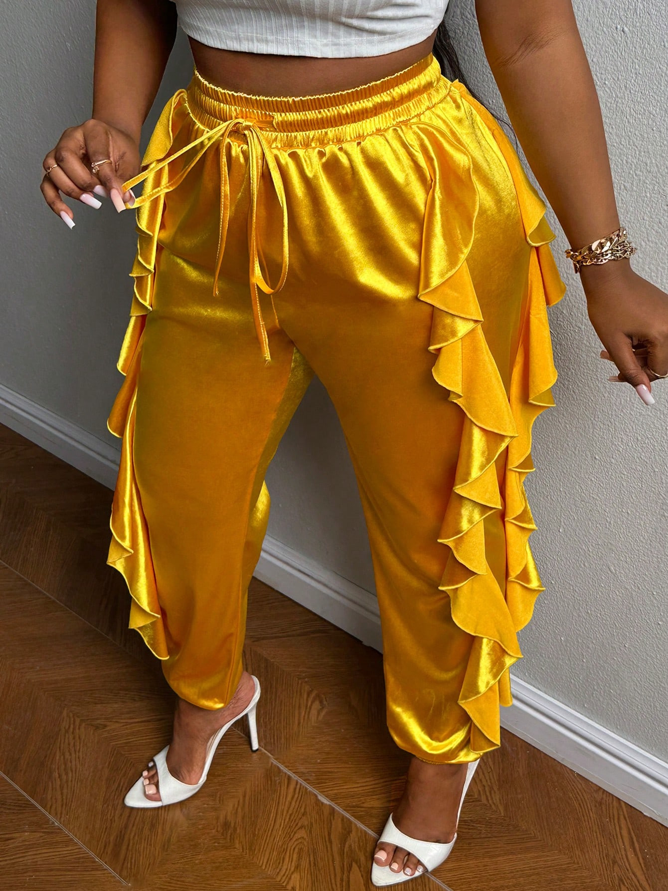 SHEIN Slayr Plus Drawstring Waist Ruffle Trim Pants | SHEIN