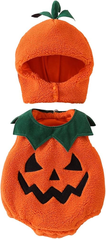 Newborn Baby Girl boy Halloween Costumes Sleeveless Pumpkin Fleece Romper Overalls Hat Halloween ... | Amazon (US)
