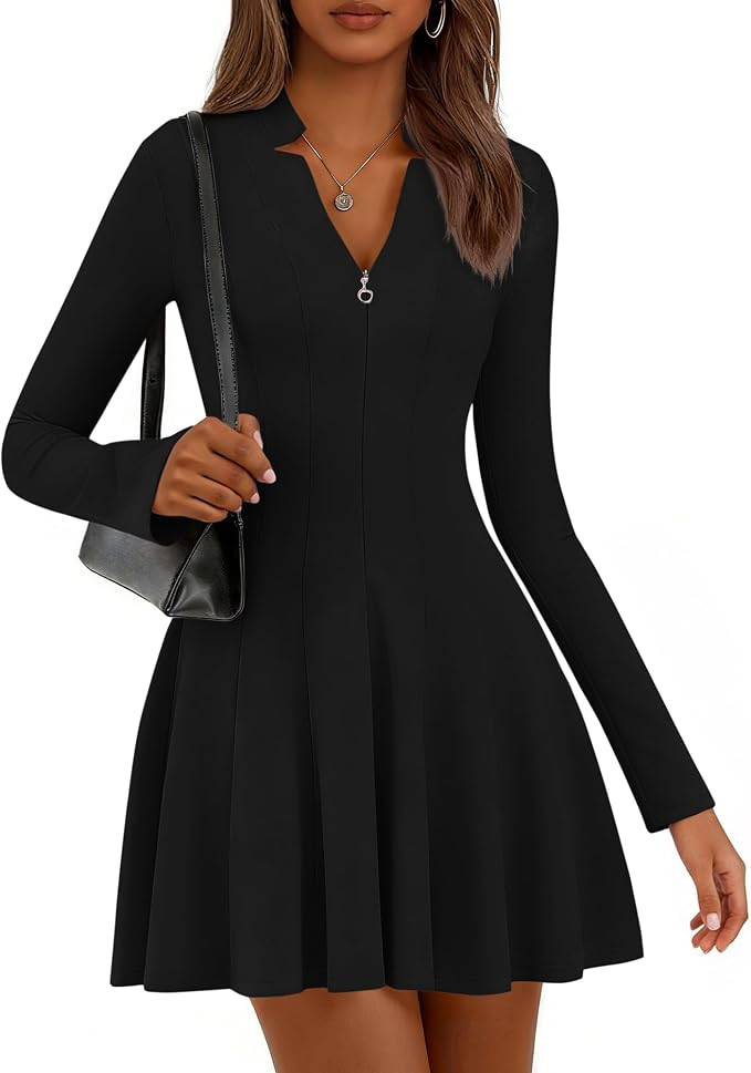 Lazysmile Fall Dresses for Women Long Sleeve V Neck Half Zip A Line Swing Casual Party Club Mini ... | Amazon (US)