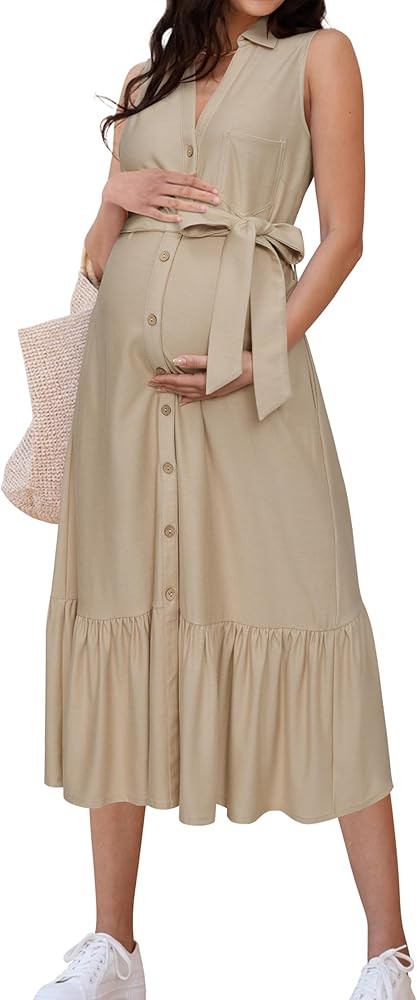 OUGES Womens 2025 Spring Maternity Dress Polo V Neck Sleeveless Ruffle Button Pregnancy Casual Wo... | Amazon (US)