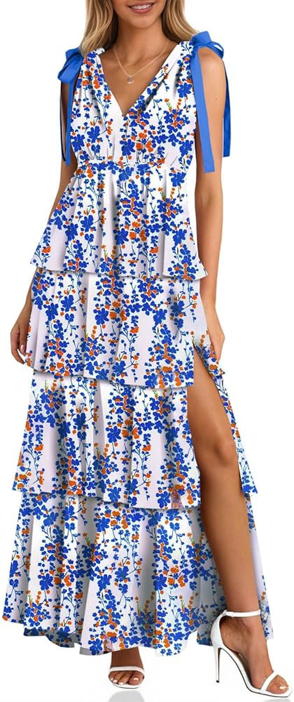 Wenrine Womens Summer Floral Maxi Dress Tie Strap Sleeveless V Neck High Slit Boho Ruffle Tiered ... | Amazon (US)