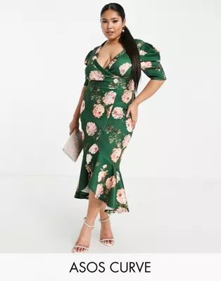 ASOS DESIGN Curve puff sleeve tux midi dress in teal floral print | ASOS (Global)