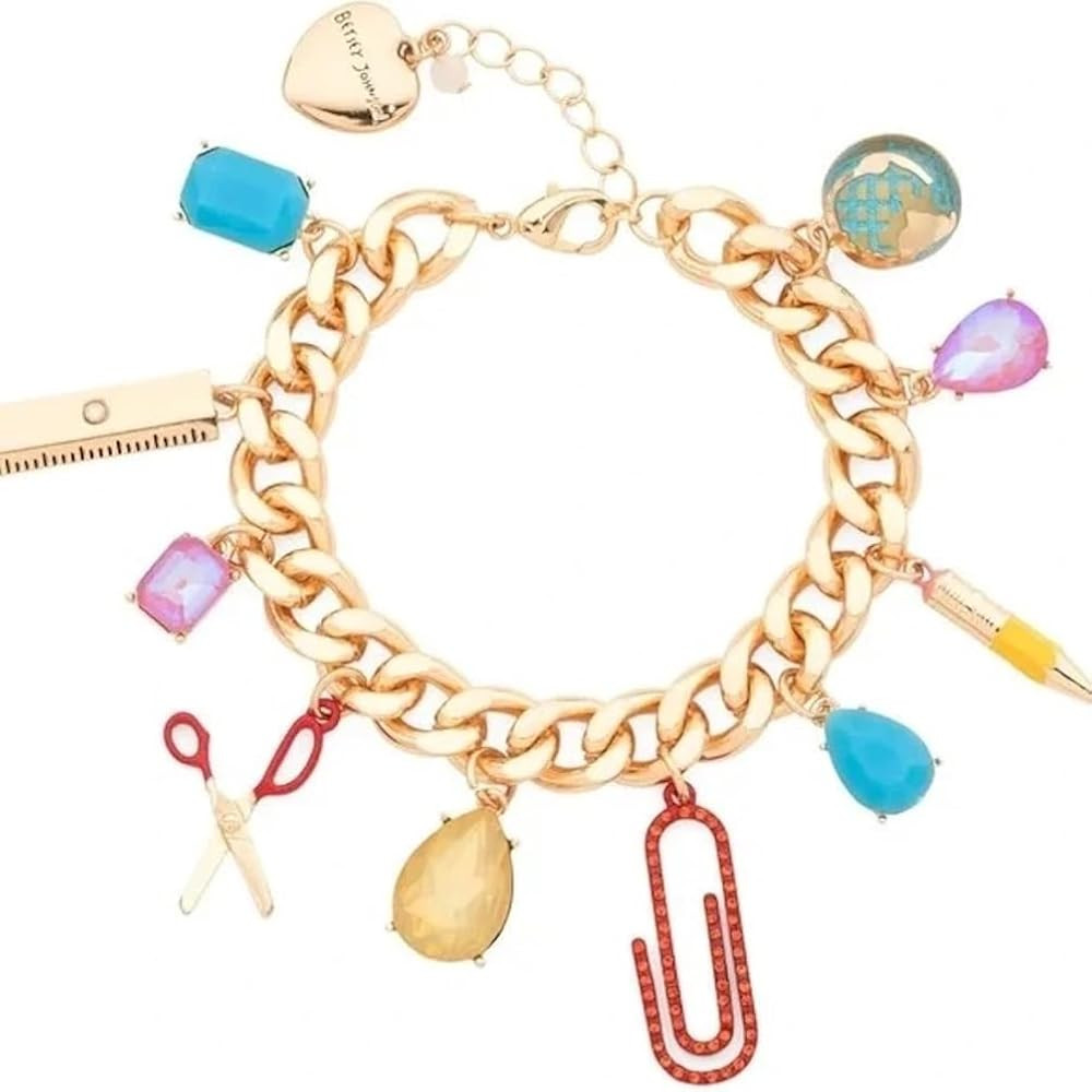 Betsey Johnson Back to School Charm Bracelet, Gold-Tone Chain with Colorful School Supply Charms | Amazon (US)