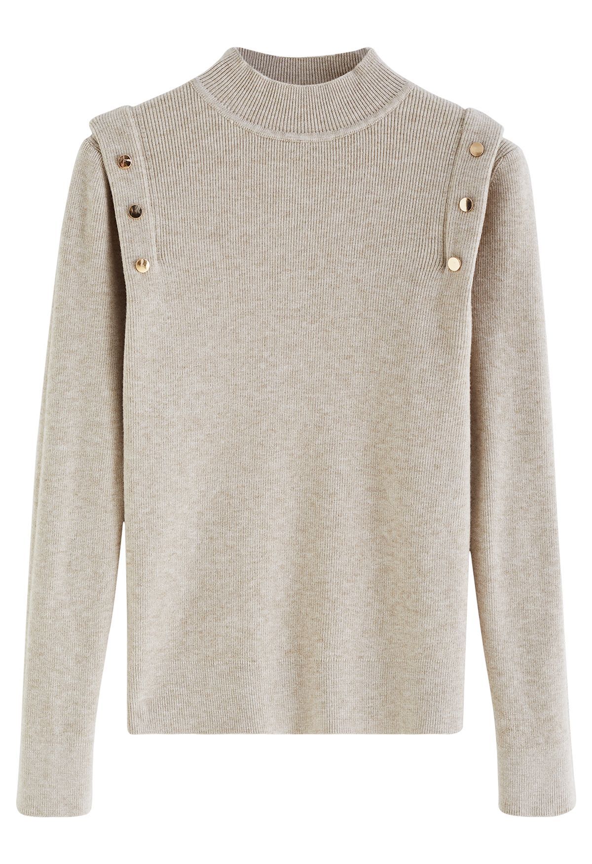 Buttons Embellished Mock Neck Knit Top in Oatmeal | Chicwish