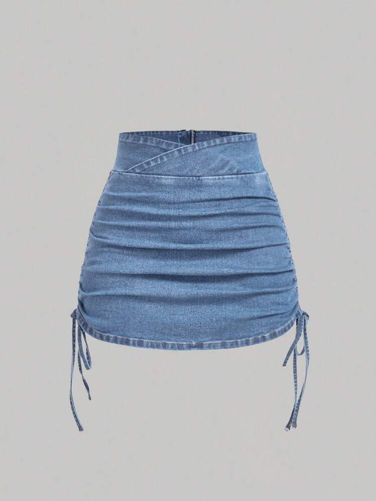 SHEIN X Lina SHEIN MOD Women's Casual Denim Skirt With Zipper Back And Side Ruched Design | SHEIN
