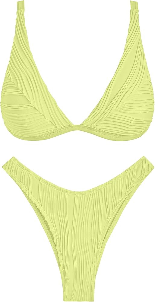 ZAFUL Women's Sexy Two Piece Swimwear Textured Triangle Plunging Neck High Cut Cheeky Bikini Set ... | Amazon (US)
