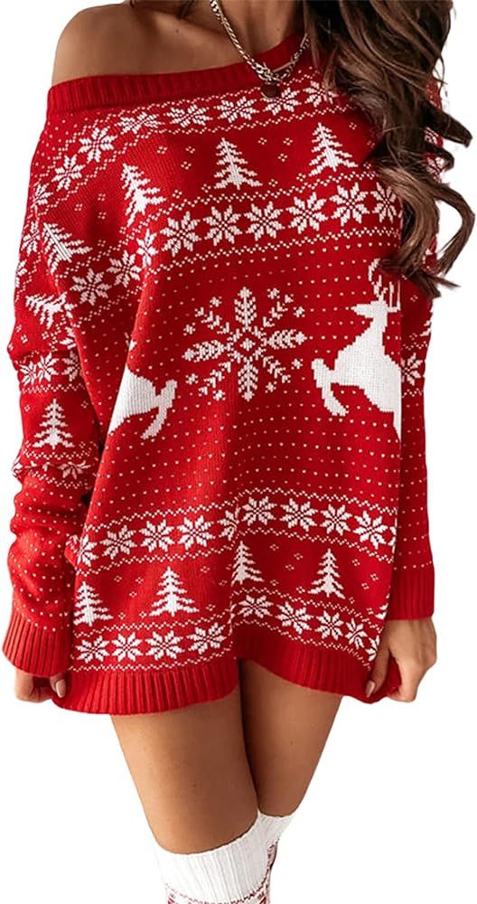 Womens Christmas Sweater Dresses Off Shoulder Long Sleeve Knit Mini Dresses Oversized Holiday Out... | Amazon (US)