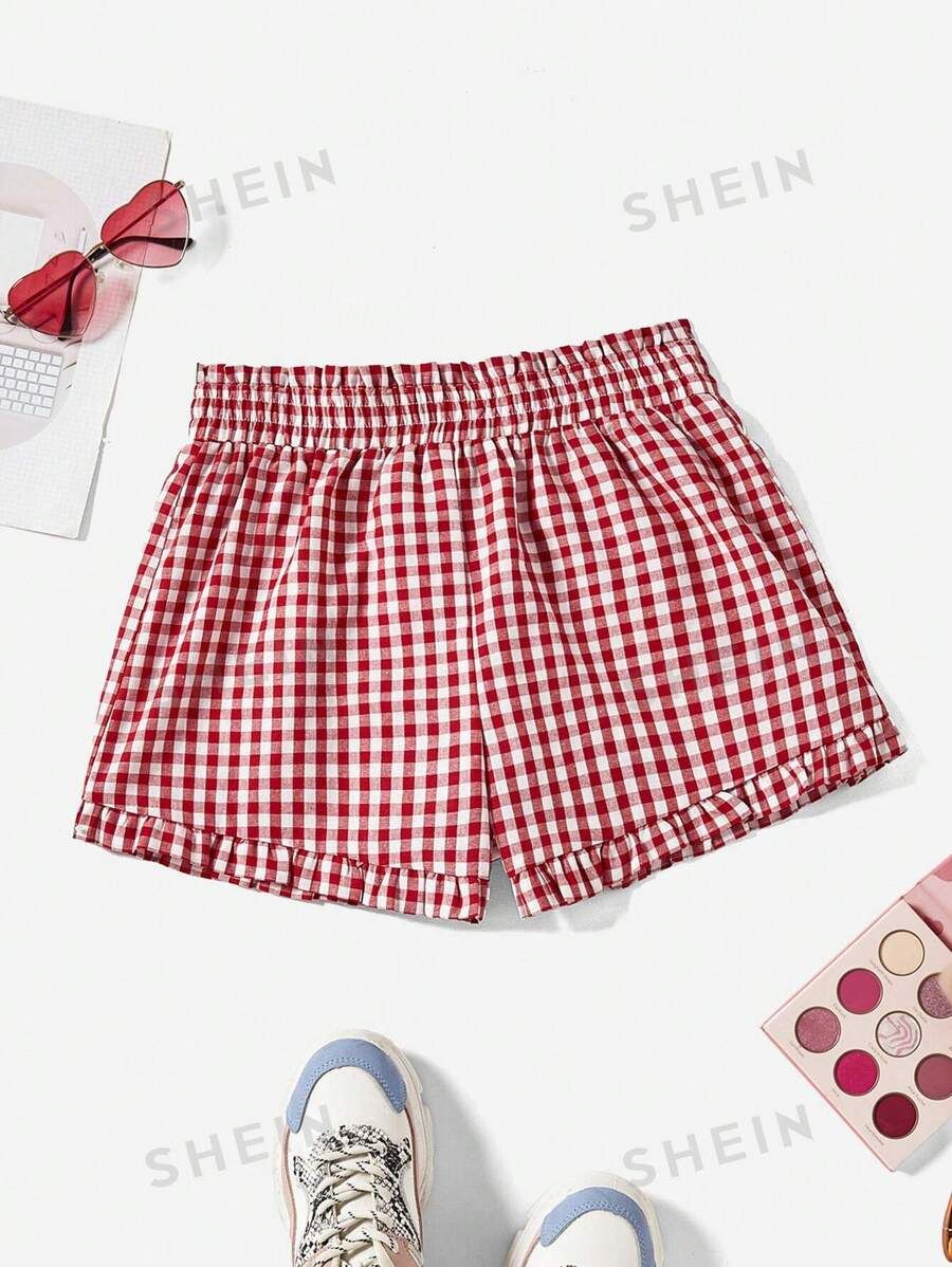 SHEIN MOD Women's Plaid Ruffle Hem  Summer Shorts | SHEIN