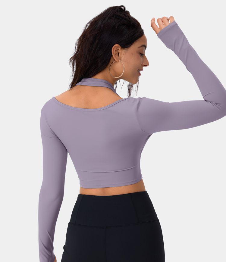 Women’s Cloudful™ Fabric Halter Thumb Hole Long Sleeve Cropped 2-in-1 Sports Top - HALARA | HALARA