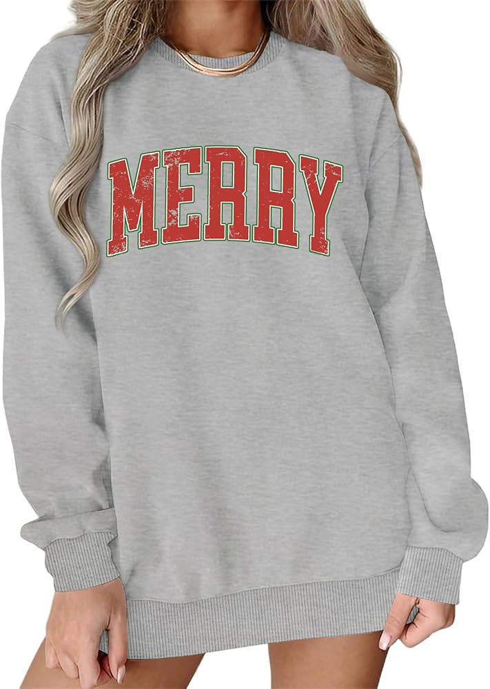 Merry Sweatshirts for Women Oversized Crewneck Christmas Pullover Long Sleeve Xmas Holiday Outfit... | Amazon (US)