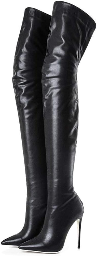 Kitulandy Women's Over The Knee Boots High Heels Zipper PU Leather Thigh High Boot | Amazon (US)