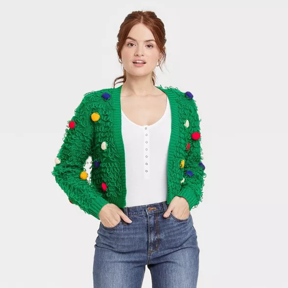 Women's Holiday Pom Pom Graphic Cardigan - Green | Target