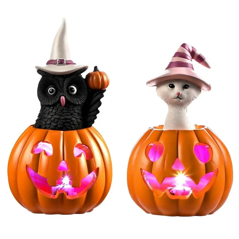 Ayieyill Halloween Figurines Set of 2, Cat and Owl on Pumpkin Decor with LED Lights for Halloween... | Walmart (US)