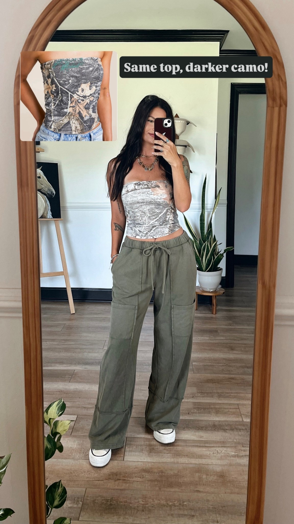 Casual ootd with wide leg pants and camo tube top! Darker camo in stock in all sizes. Wearing xs 

#LTKootd #LTKSeasonal