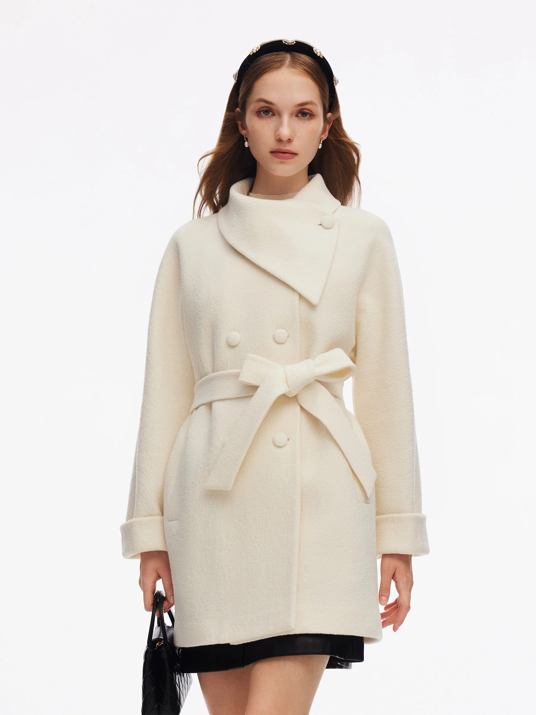 100% Wool Self-Tie Belt Women Coat - Off White / L | GOELIA