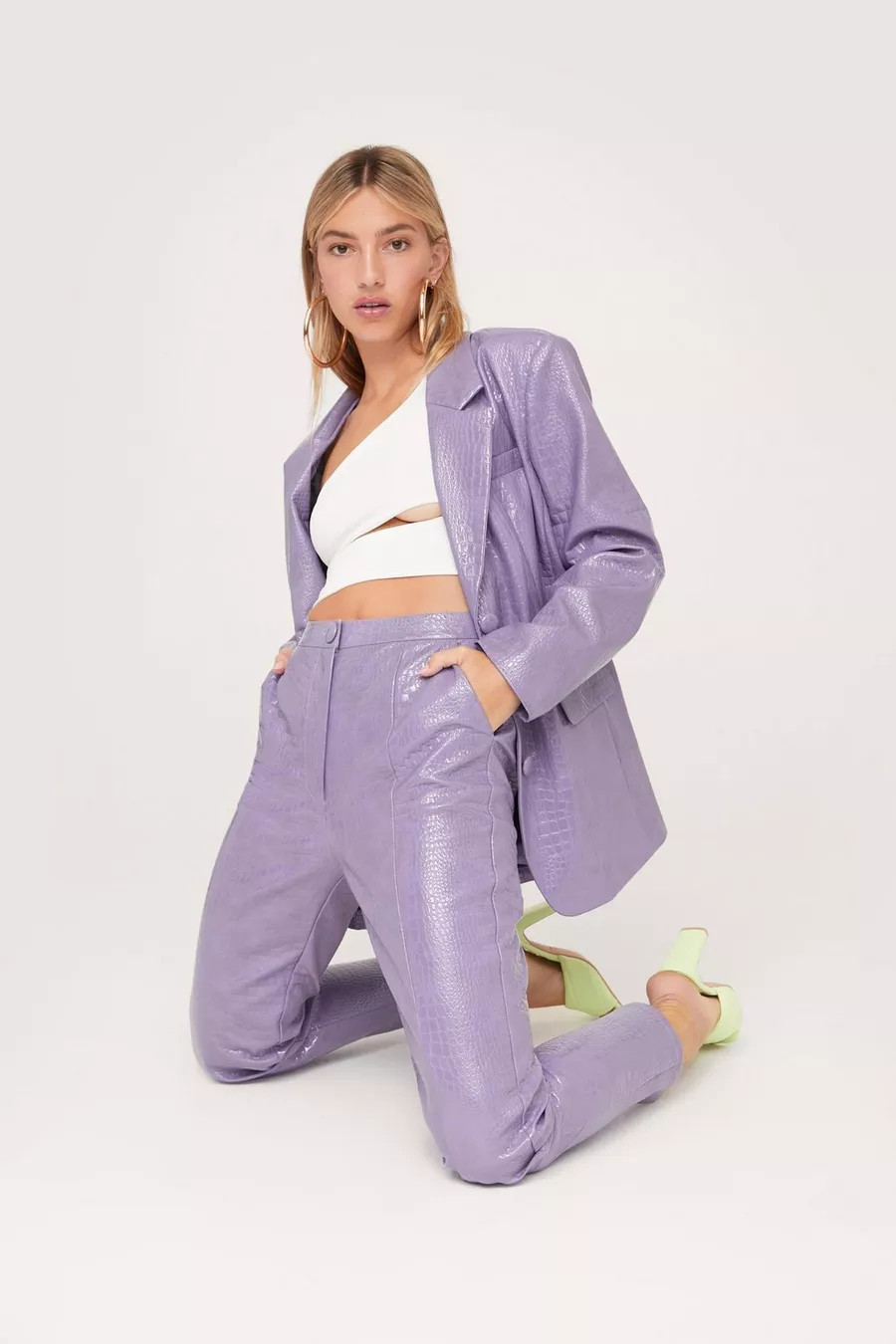 Faux Leather Croc Embossed Oversized Blazer | Nasty Gal (US)