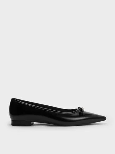 Bow Metallic-Accent Pointed-Toe Ballet Flats
    
         - Black | Charles & Keith US
