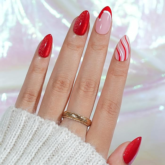 Christmas Press On Nails Almond - Jofay Fashion Red Cat Eye Press On Nails, Swirl Santa Hat Fake ... | Amazon (US)