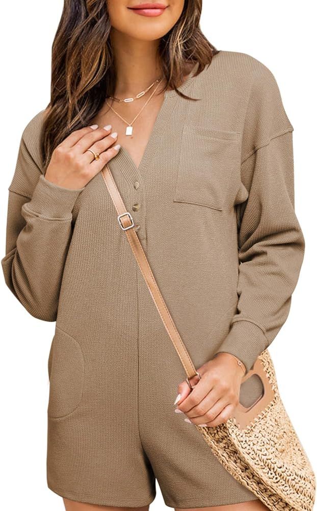 Women’s V Neck Button Rompers Long Sleeve Loose One Piece Short Jumpsuit with Pockets | Amazon (US)
