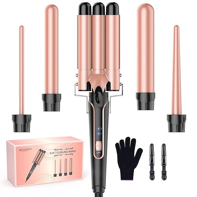 Beach Waver Curling Iron Wand, 5 in 1 Curling Wand Set with 3 Barrel Hair Crimper for Women, Fast... | Amazon (US)