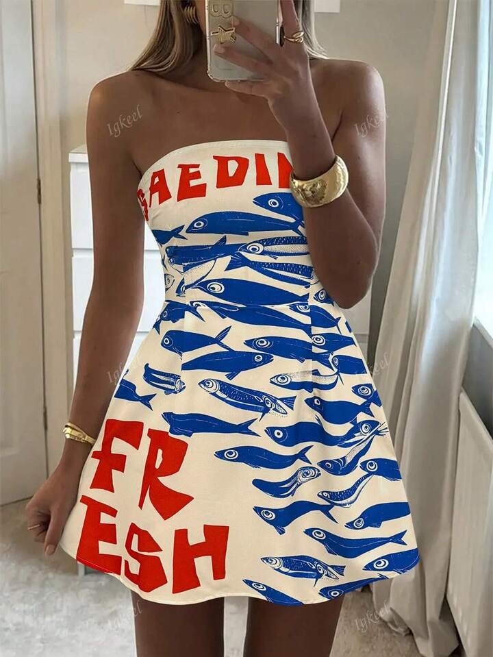 Bohemian Women's Spring And Summer Fashion Casual Elegant Holiday/Vacation Style Contrast Color English Letters Latin Fish Printed Strapless Dress | SHEIN