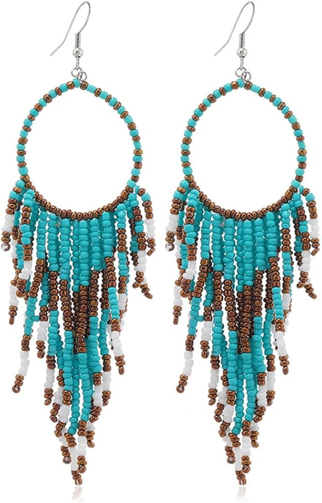 Boho Long Fringe Drop Dangle Statement Earrings for Women Girls Hademade Ball Beads Hoop Tassel C... | Amazon (US)
