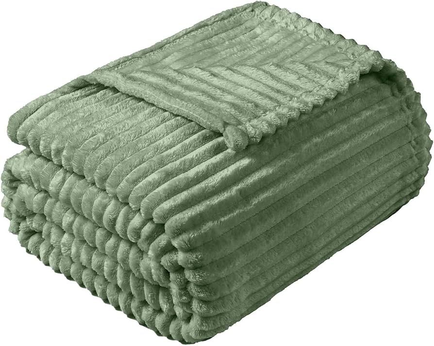 Vessia Flannel Fleece King Size Bed Blanket(108x90 inch), 300GSM Sage Green Striped Bed Blanket f... | Amazon (US)