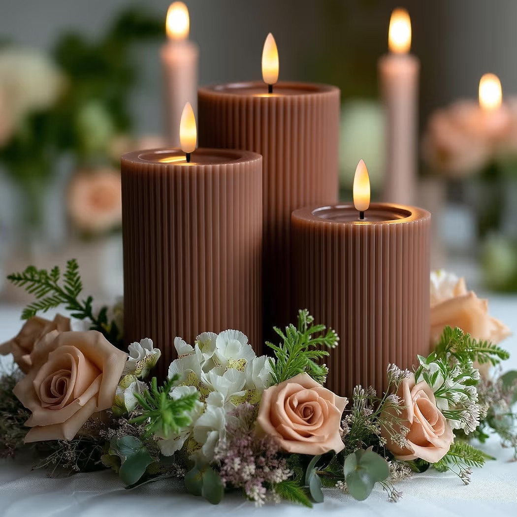 Fluted Ribbed LED Pillar Candles, Brown, with Reflective Melted-Wax Effect – Flickering Flame, ... | Amazon (US)
