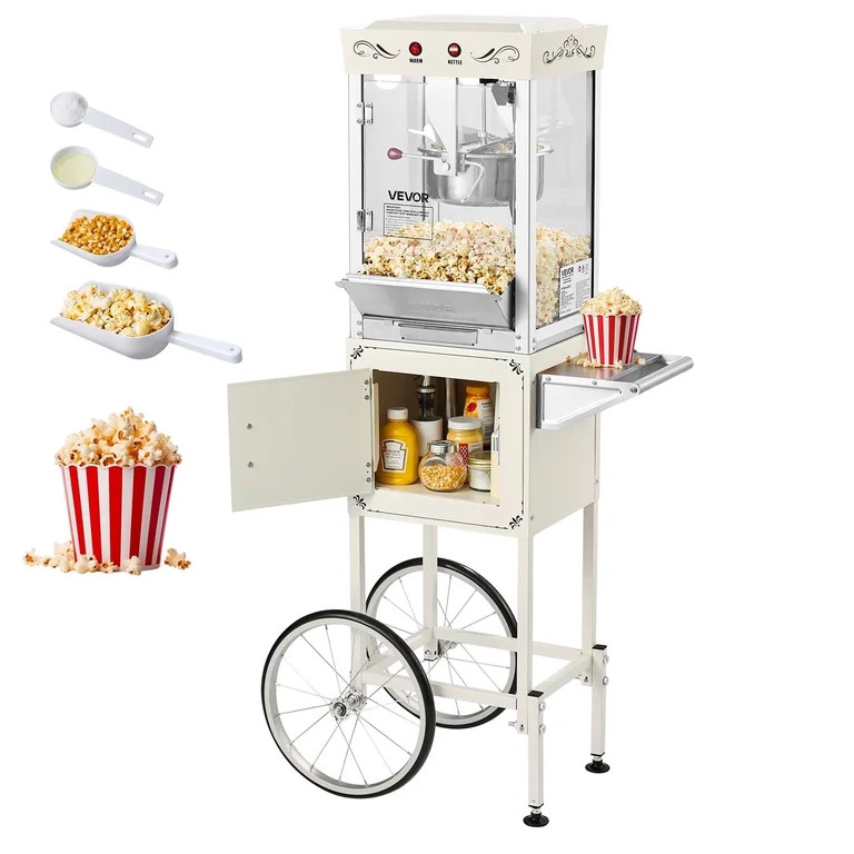 VEVOR Popcorn Machine with Cart, 8oz Stainless Steel Kettle, 800W Commercial Popcorn Maker, 48 Cu... | Walmart (US)