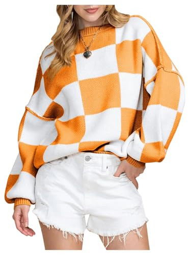 SOLY HUX Women's Checkered Sweater Oversized Chunky Sweaters for Women Trendy Knitted Pullover Cute Plaid Jumper Tops Orange Checkered Small | Amazon (US)