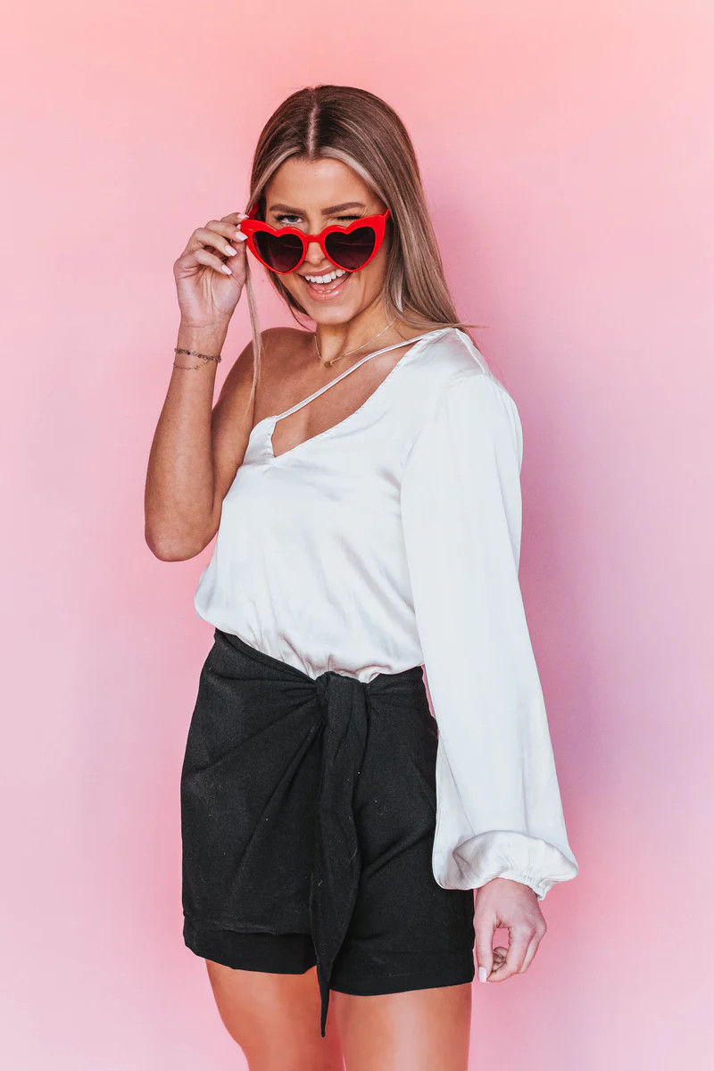 About The Karma Asymmetric Long Sleeve Satin Bodysuit- 2 Colors | Apricot Lane Boutique