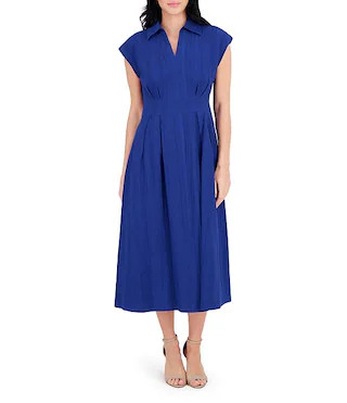 Kensie Stripe Cotton Point Collar V-Neck Cap Dolman Sleeve Smocked Pleated Midi A-Line Dress | Di... | Dillard's