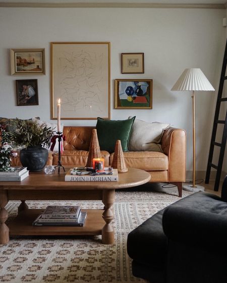 Living room decor. Leather sofa. Floor lamp. Gallery wall. Area rug. Coffee table. Coffee table book. Throw pillow. Home decor. 

#LTKfindsunder100 #LTKsalealert #LTKhome