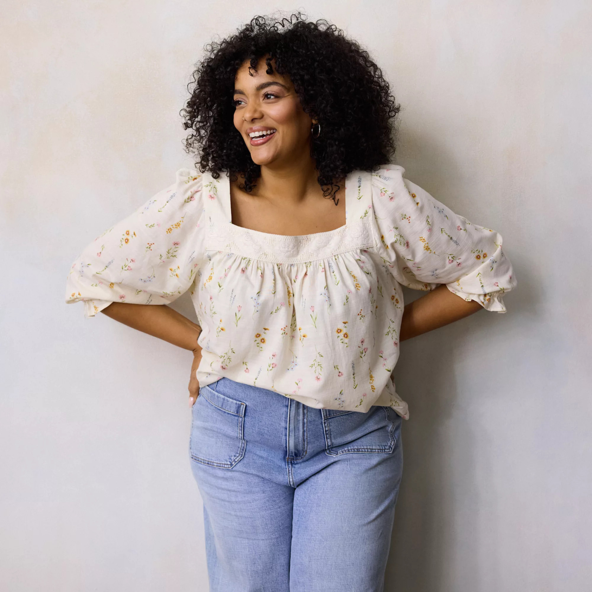 Plus Size LC Lauren Conrad Lace Trim Henley Square Neck Peasant Top | Kohl's