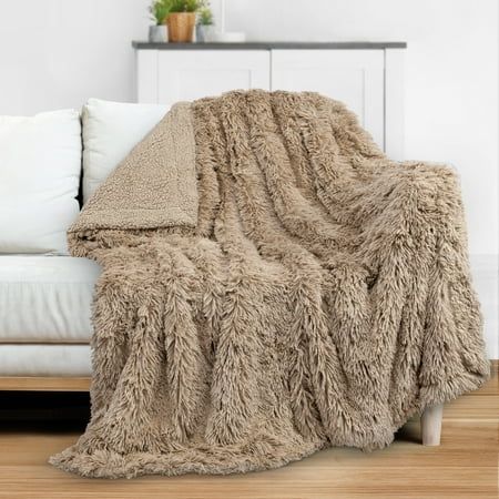 PAVILIA Soft Fluffy Faux Fur Throw Blanket Twin Tan Taupe Camel Shaggy Furry Warm Sherpa Blanket Fle | Walmart (US)