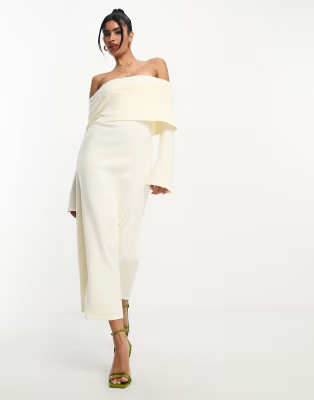 ASOS DESIGN super soft bardot midi dress with flare sleeve in winter white | ASOS (Global)