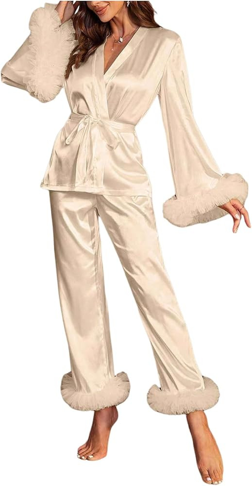WDIRARA Women's 2 Piece Satin Pajamas Mesh Trim Flare Sleeve Wrap Belted Top and Pants Lounge Set | Amazon (US)
