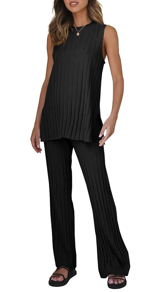 Tankaneo Two Pieces Outfits Sleeveless Top Knit Sets Trendy Lounge Long Pajamas Set | Amazon (US)