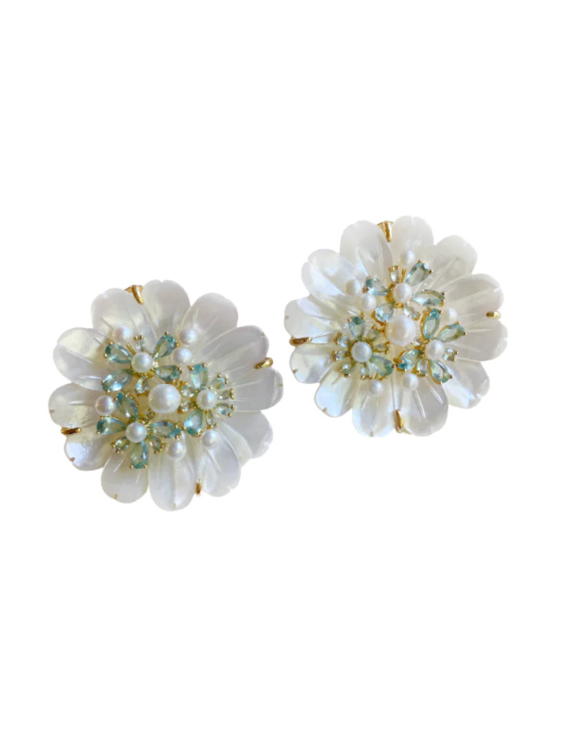 mother of pearl + aquamarine oversized studs | Nicola Bathie Jewelry