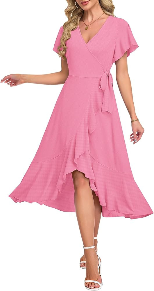 AUSELILY Women Summer Midi Dresses Wrap Short Flutter Sleeve V Neck Boho Slit Flowy Ruffle Dress ... | Amazon (US)